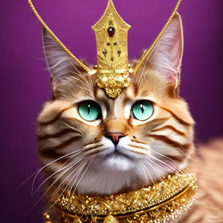 Tabby Cat Wearing Golden Crown and Jewelry on Purple Background