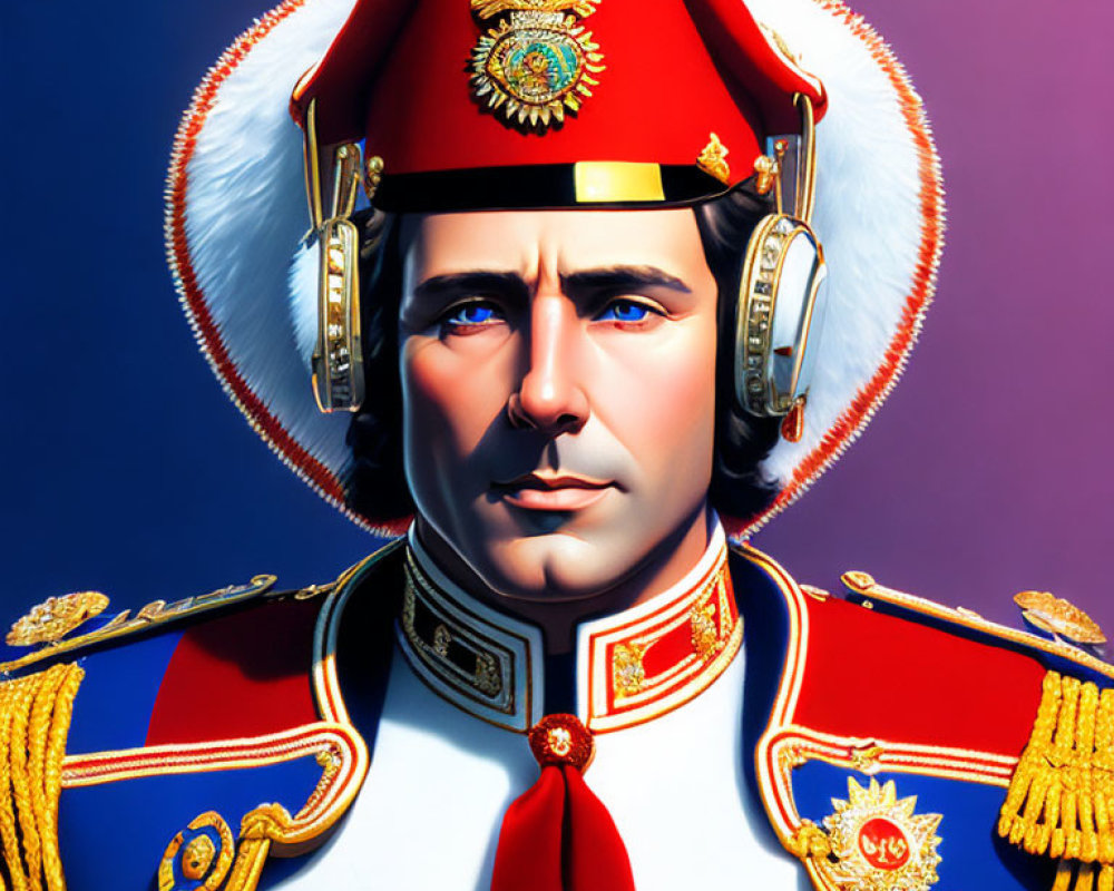 Digital portrait of man in red military uniform with gold epaulettes and traditional shako cap