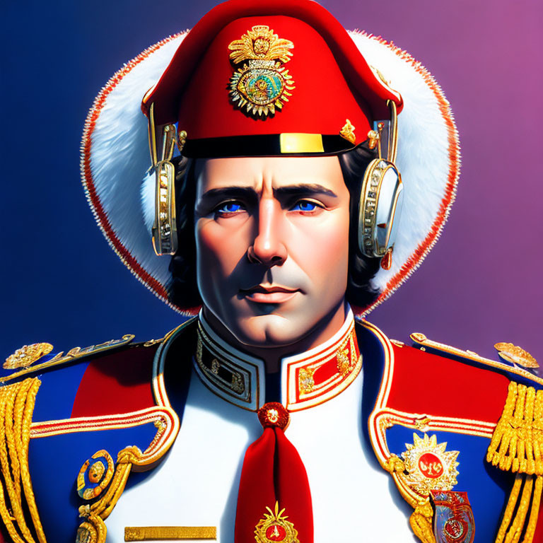 Digital portrait of man in red military uniform with gold epaulettes and traditional shako cap