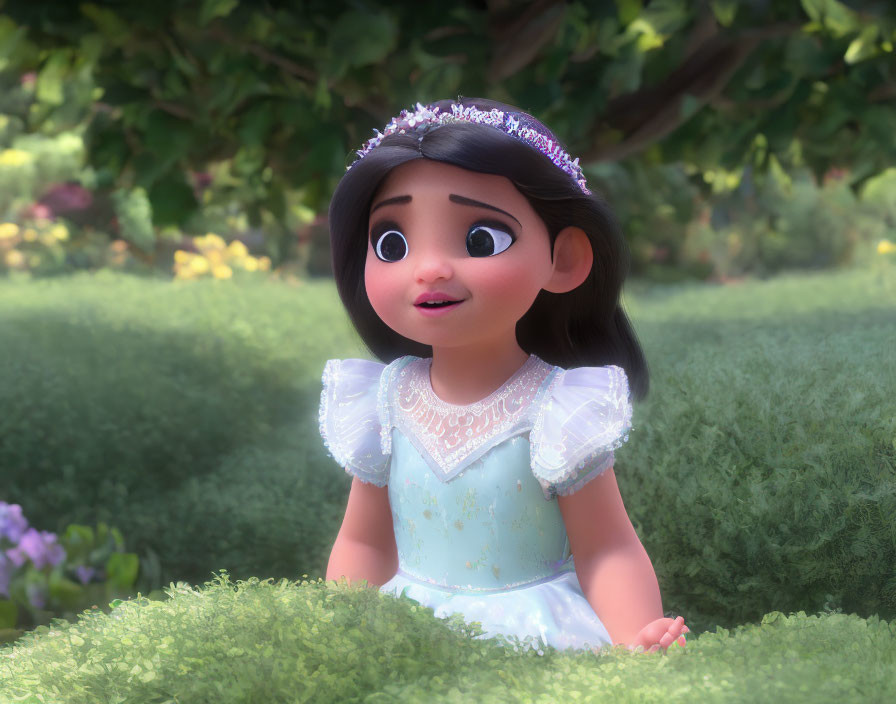 Animated Princess in Blue Dress Peeking from Green Hedge