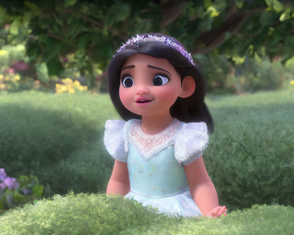 Animated Princess in Blue Dress Peeking from Green Hedge