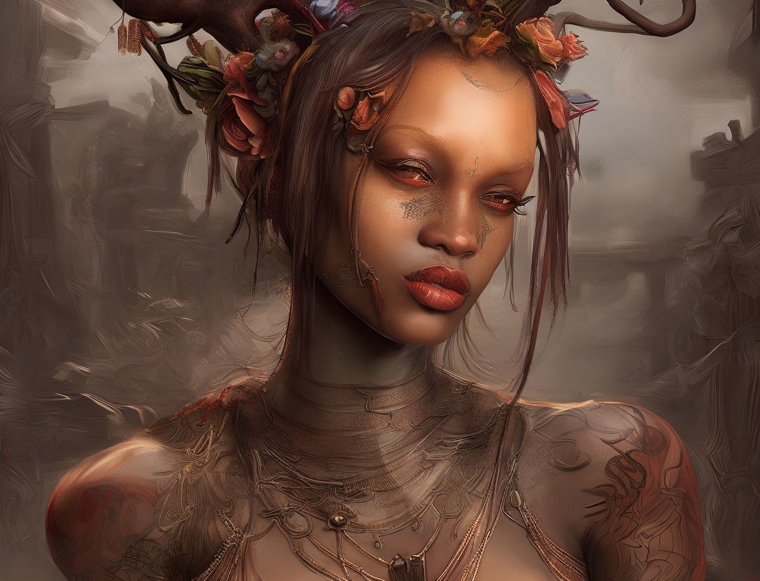 Woman with antlers, floral adornments, tattoos, and jewelry against enigmatic background