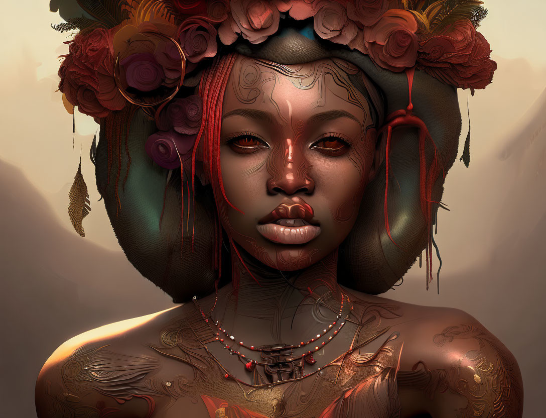 Digital portrait of woman with flower headdress, beaded necklaces, and body tattoos against warm backdrop