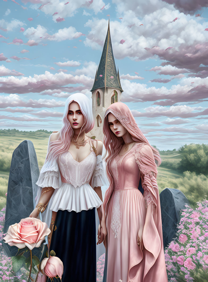 Medieval-themed painting with two women, church spire, birds, rocks, and flowers