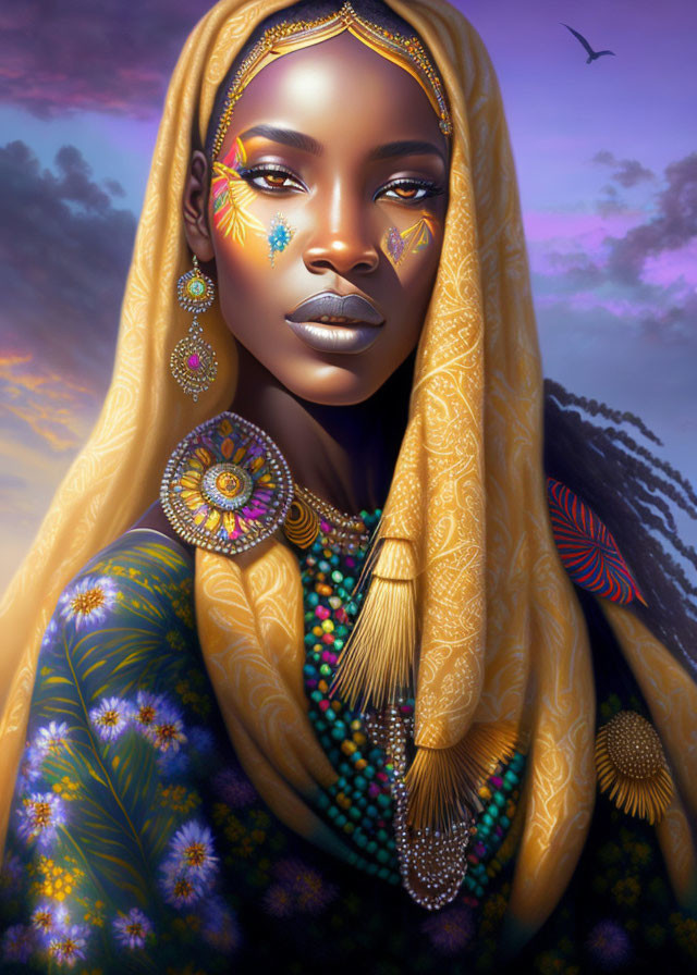 Digital artwork: Woman in golden attire with vibrant makeup in purple sky setting