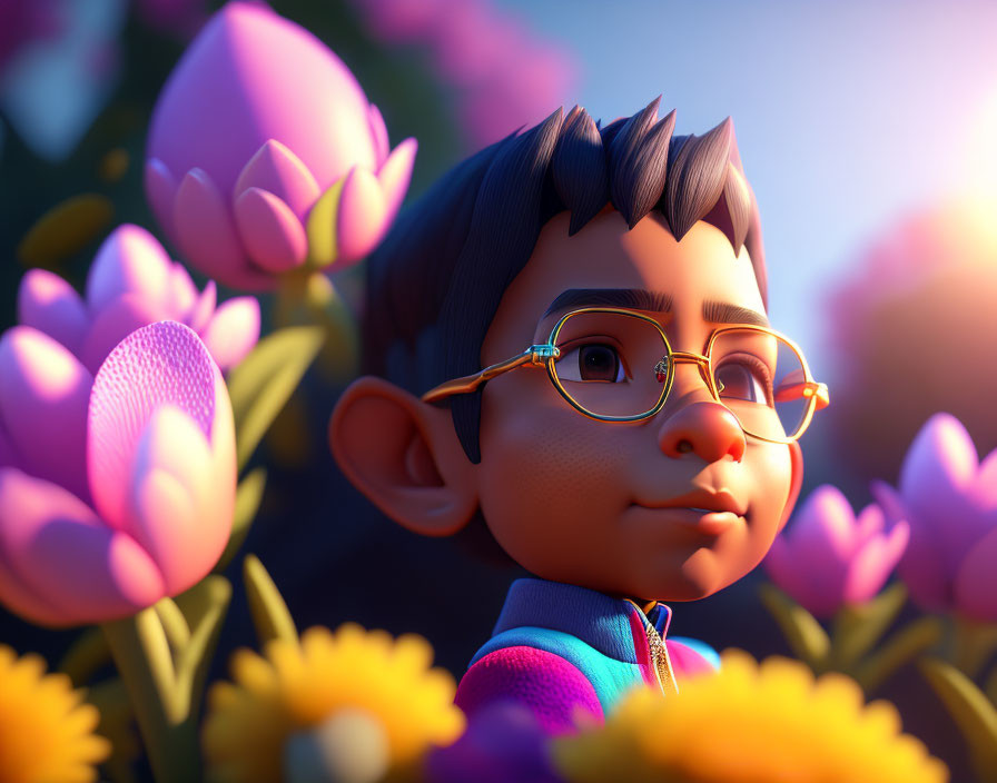 Stylized animated boy with glasses in vibrant pink flower field