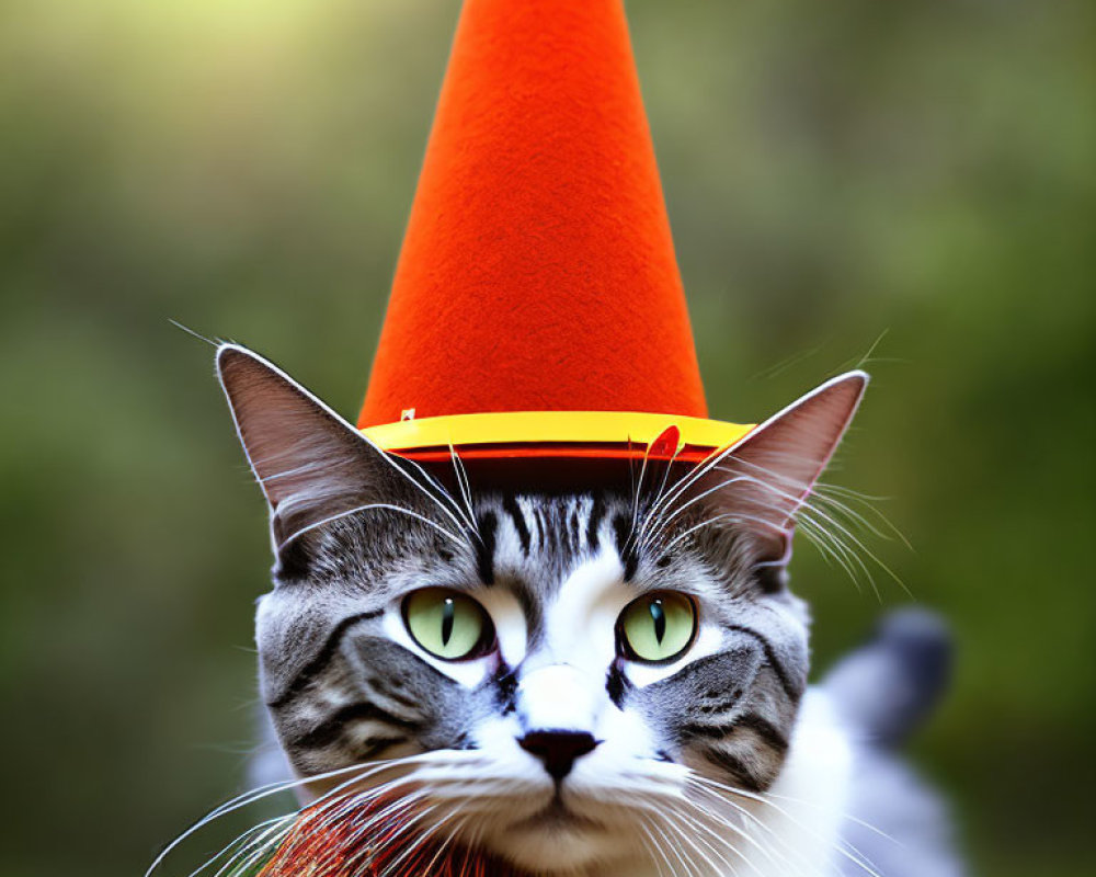 Grey and White Cat with Orange Traffic Cone in Green Background