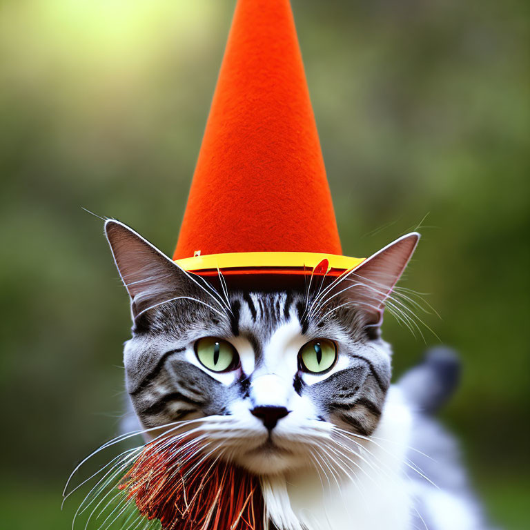 Grey and White Cat with Orange Traffic Cone in Green Background