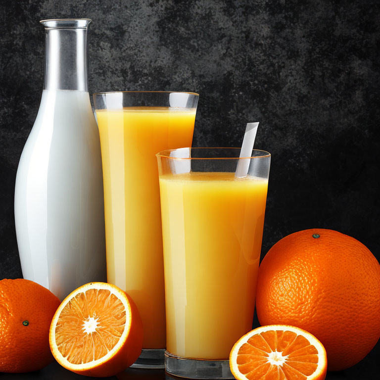 Bottle of Milk, Glass of Orange Juice, Fresh Oranges on Dark Background