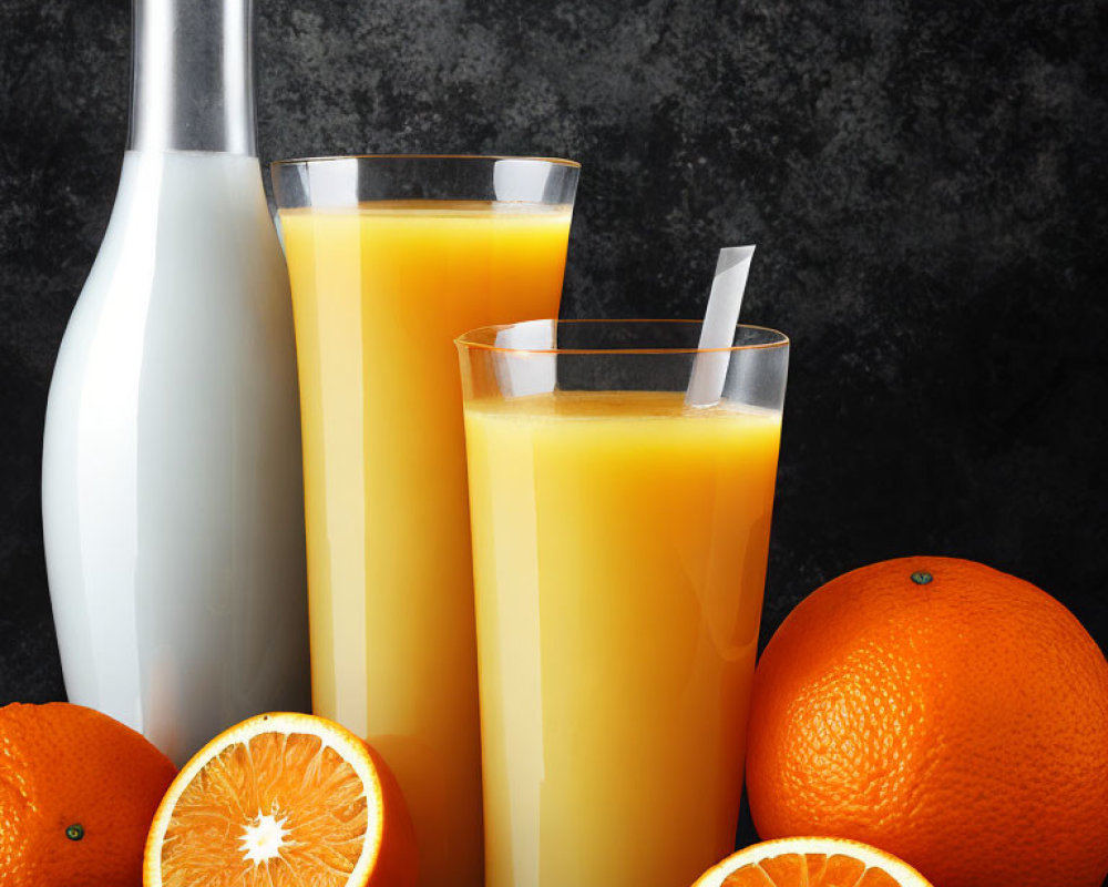 Bottle of Milk, Glass of Orange Juice, Fresh Oranges on Dark Background