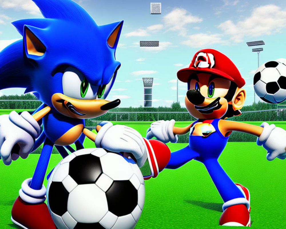 Sonic and Mario holding a soccer ball on vibrant field