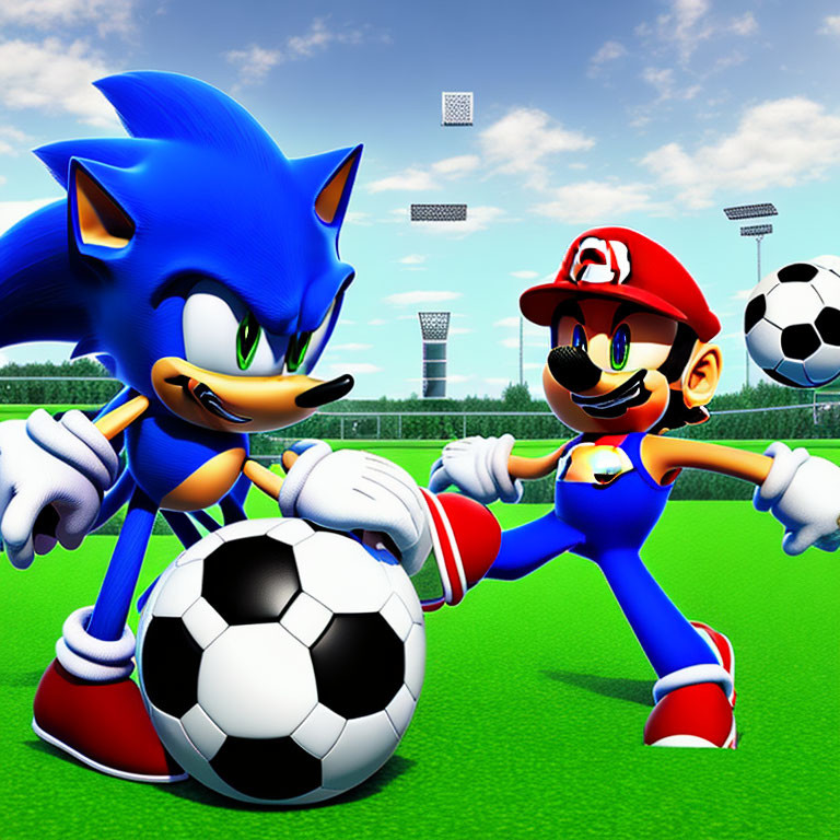 Sonic and Mario holding a soccer ball on vibrant field