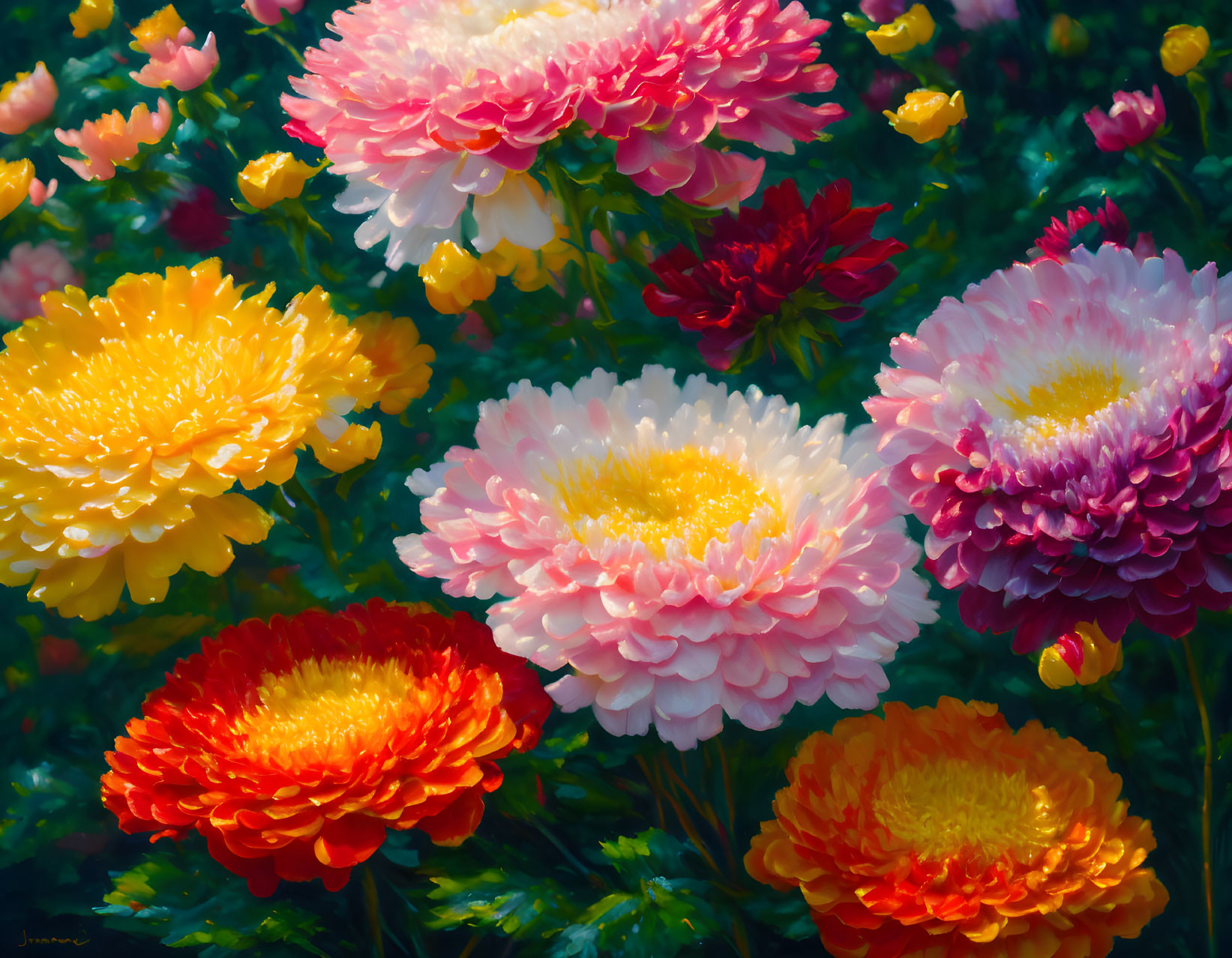 Multicolored chrysanthemums in vibrant garden scene