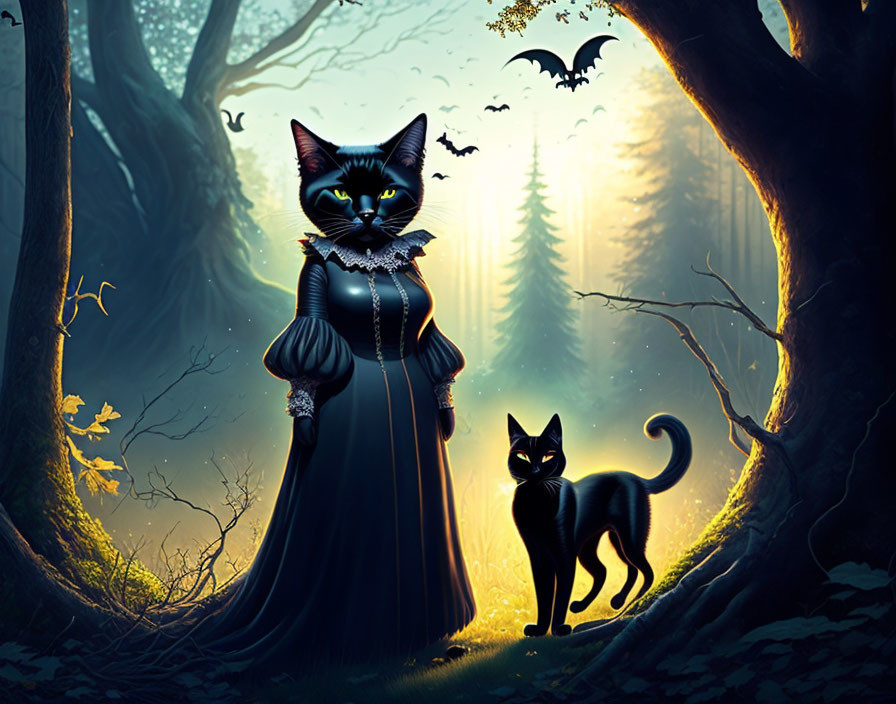 Anthropomorphic Cat in Victorian Dress in Mystical Forest with Bat and Black Cat