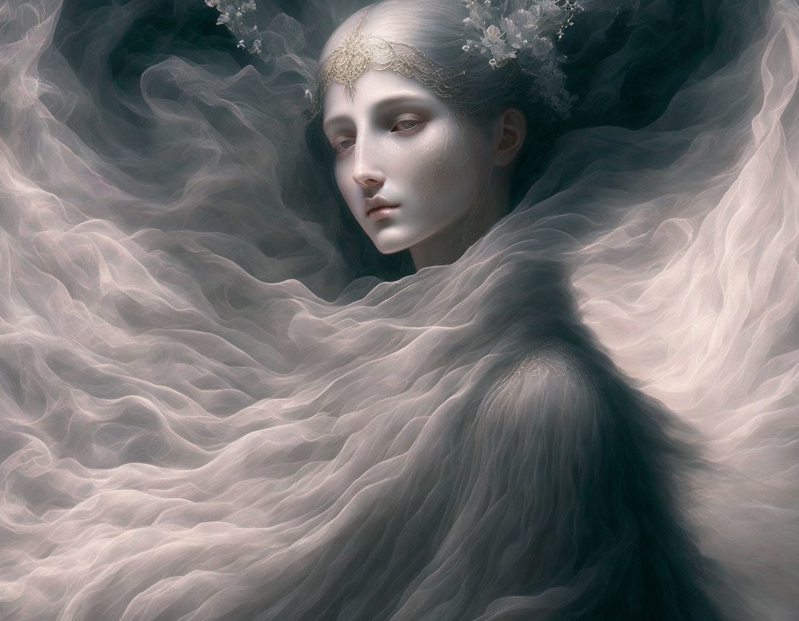 Pale-skinned female figure in gold headpiece amid swirling mist.