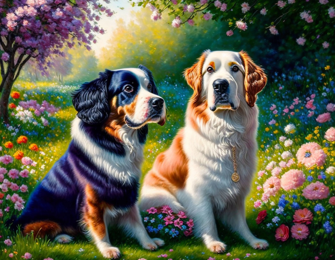 Two dogs in vibrant floral landscape with pink blossom trees