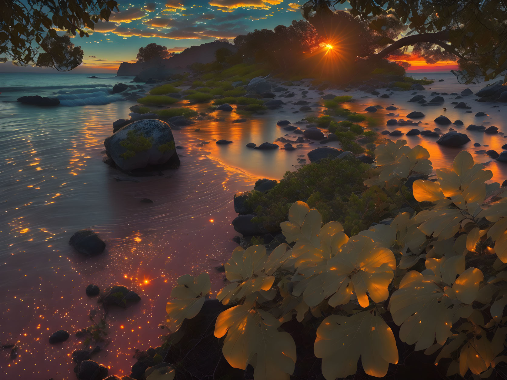 Tranquil sunset scene with starburst effect, river, rocks, and vibrant foliage