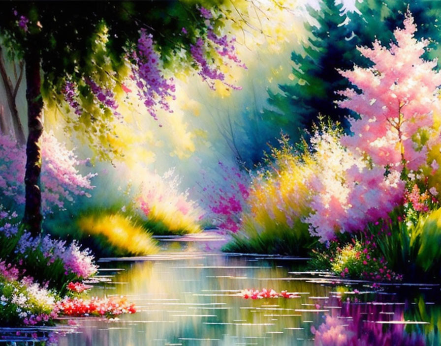 Serene river painting with colorful foliage and blooming flowers