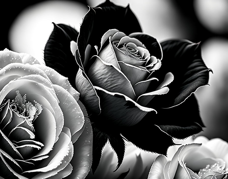 Monochrome dew-kissed roses with intricate petals in high contrast