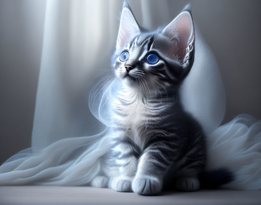 Silver Tabby Kitten with Blue Eyes on White Background