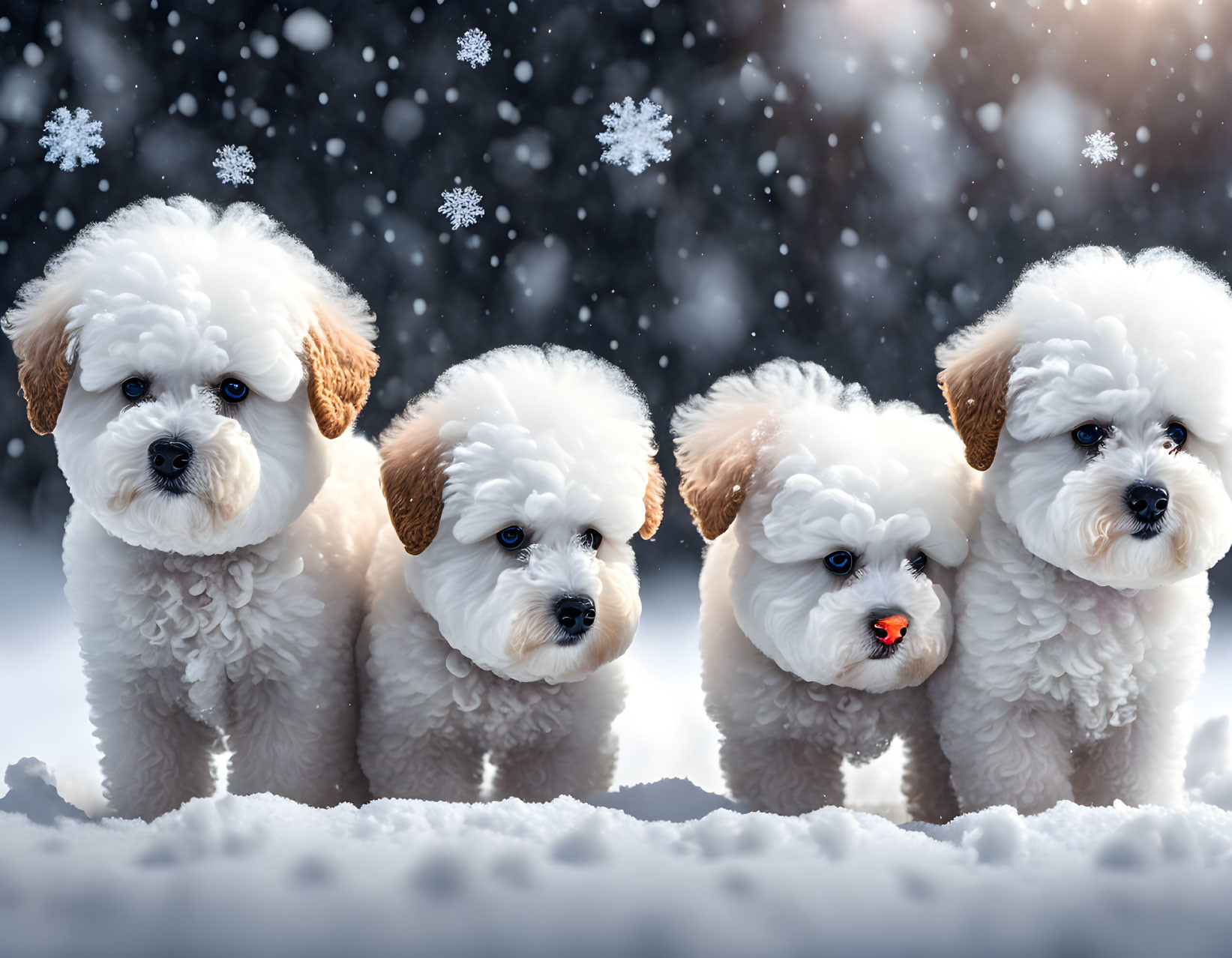 Four Curly-Furred White Dogs Sitting in Snow with Falling Snowflakes