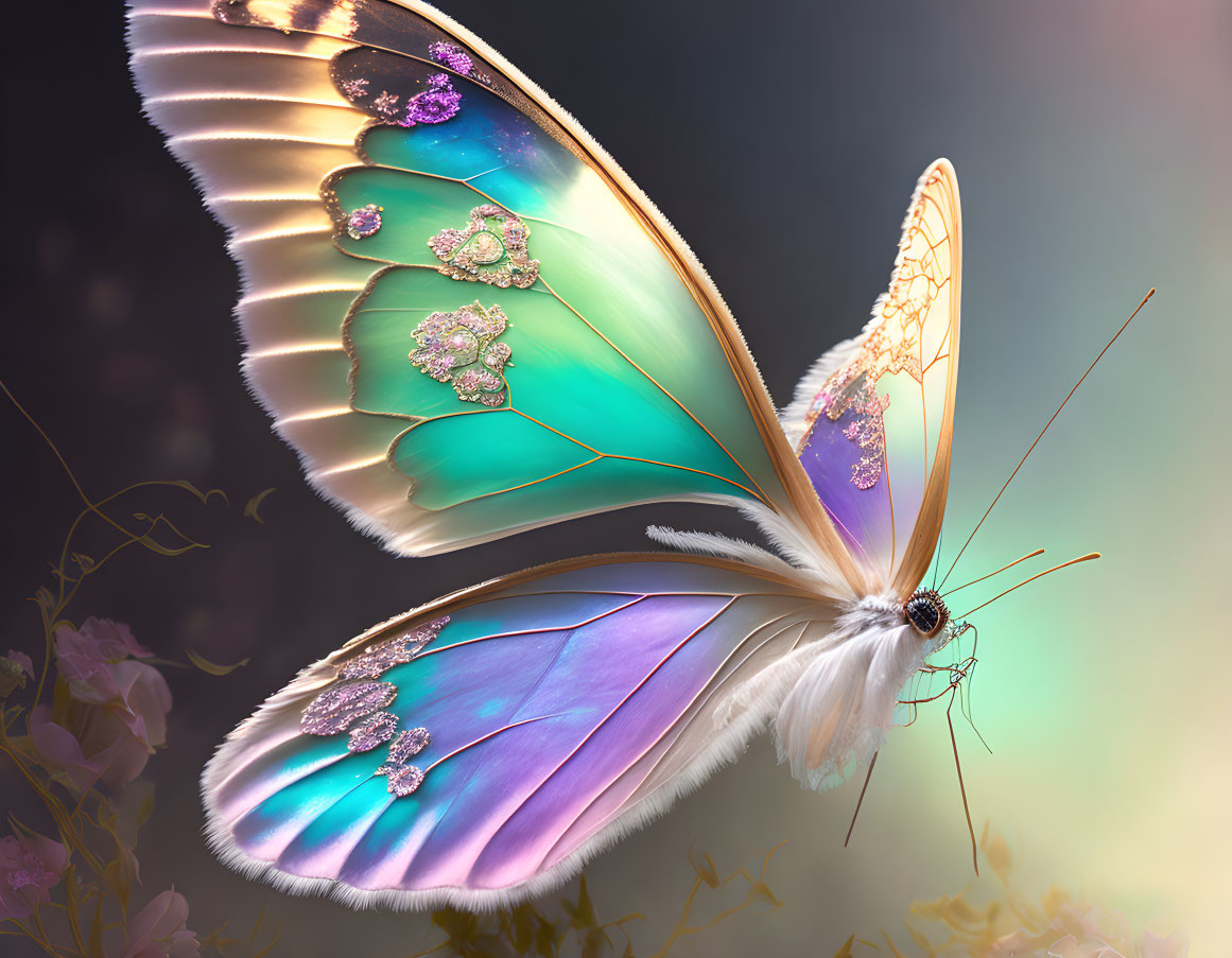 Colorful Butterfly with Gradient Wings and Jewels on Floral Background
