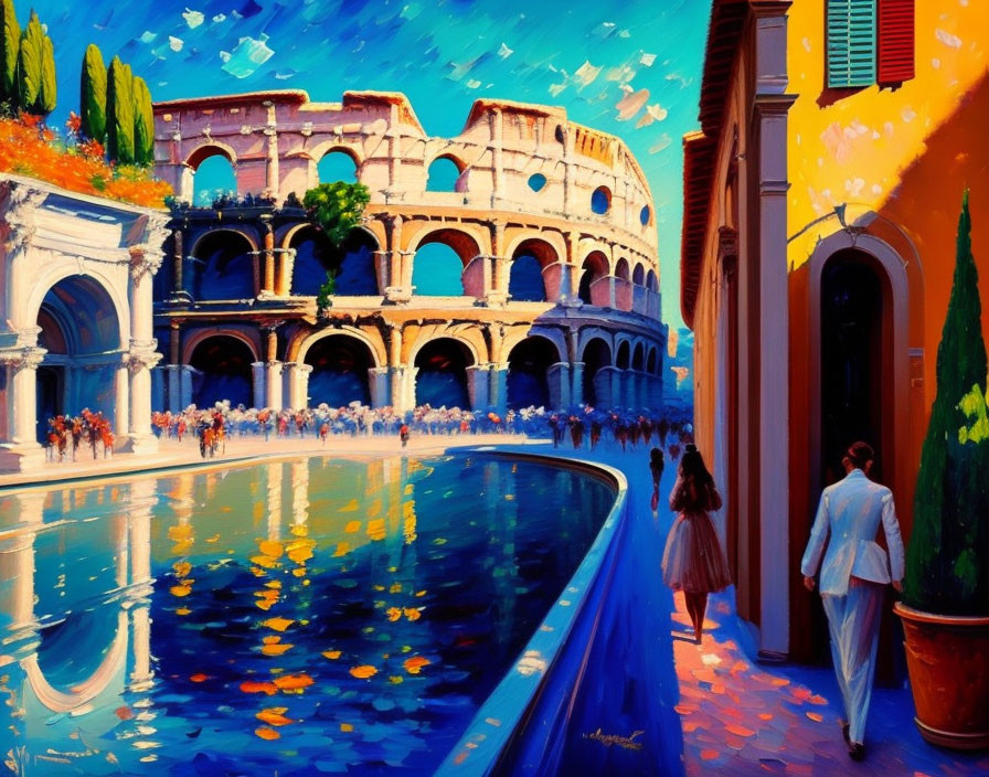 Colorful painting of couple by waterway with Colosseum in background