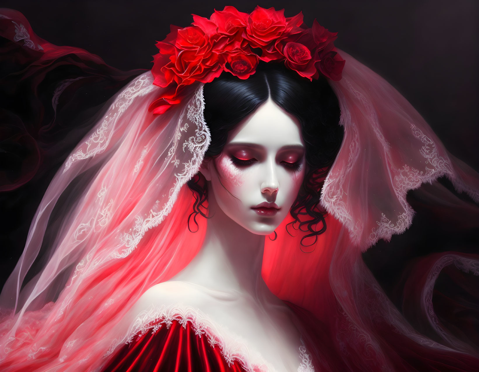 Pale-skinned woman with dark hair in red dress and roses on pink veil against dark backdrop