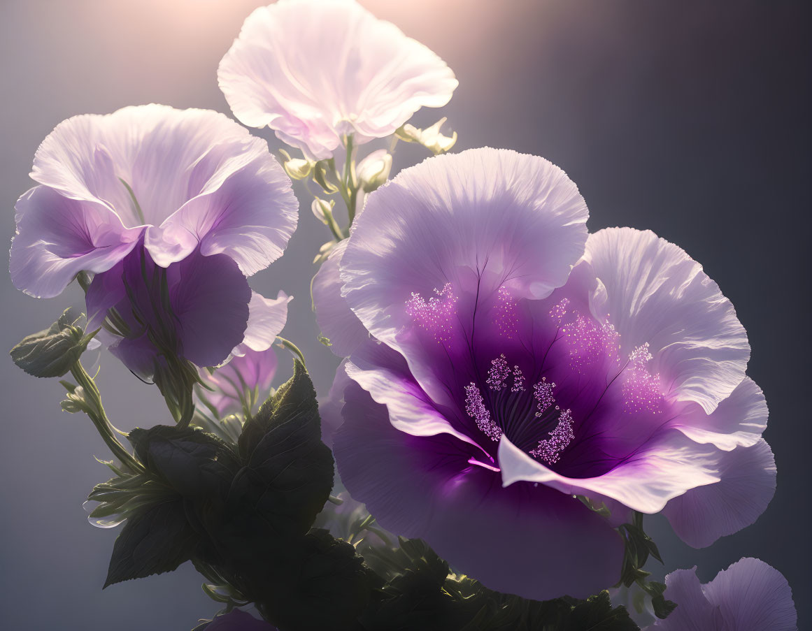 Purple and White Flowers with Dew on Petals in Soft Lighting