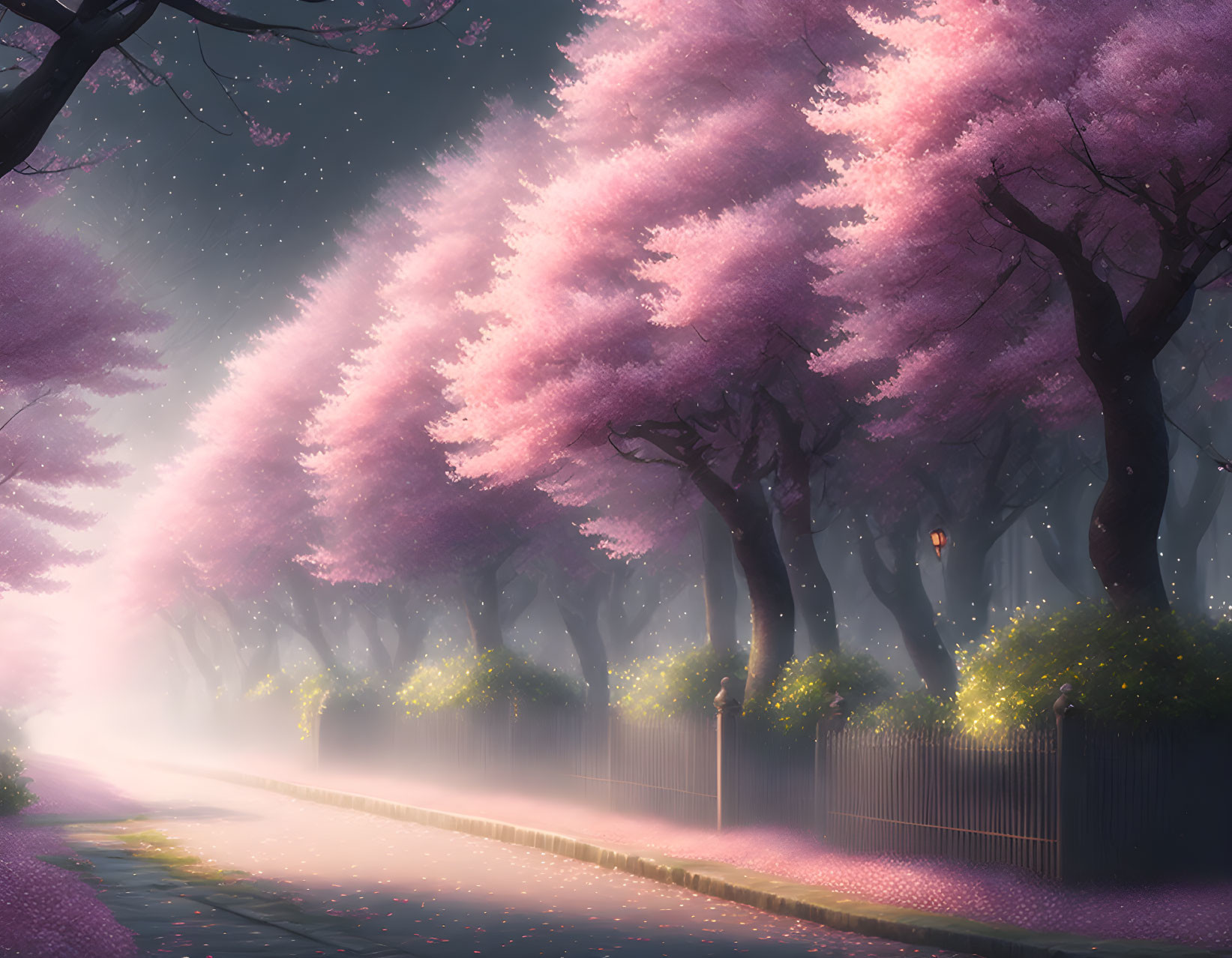 Tranquil Cherry Blossom Path with Glowing Streetlamp