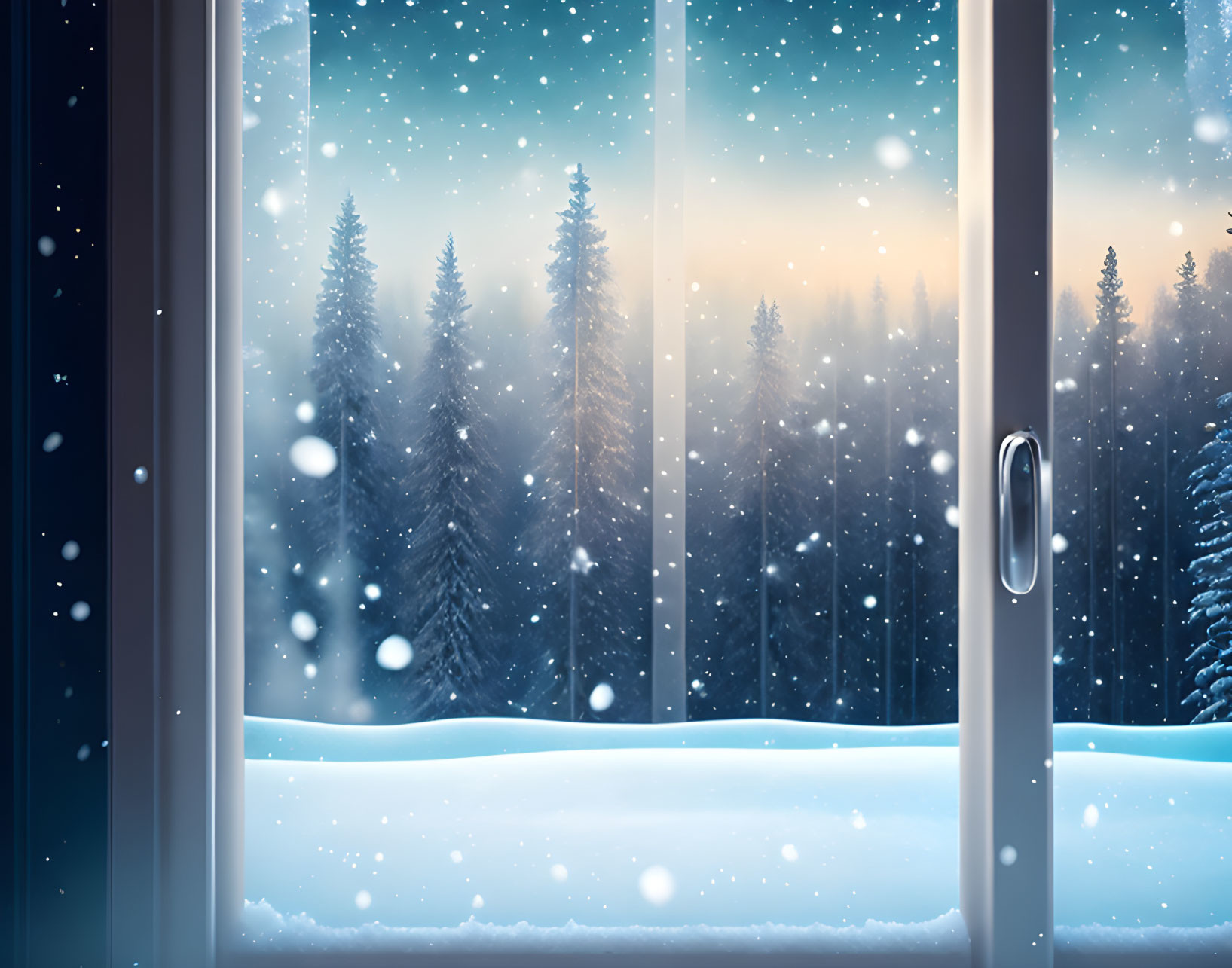 Snowfall through window: serene view of snow-covered trees with soft sunset or sunrise glow in winter landscape