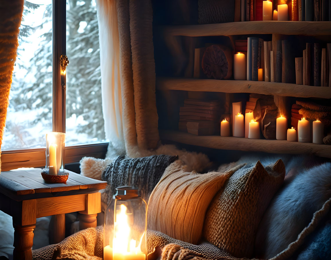 Cozy winter scene with candles, bookshelf, blankets, cushion, snowy view