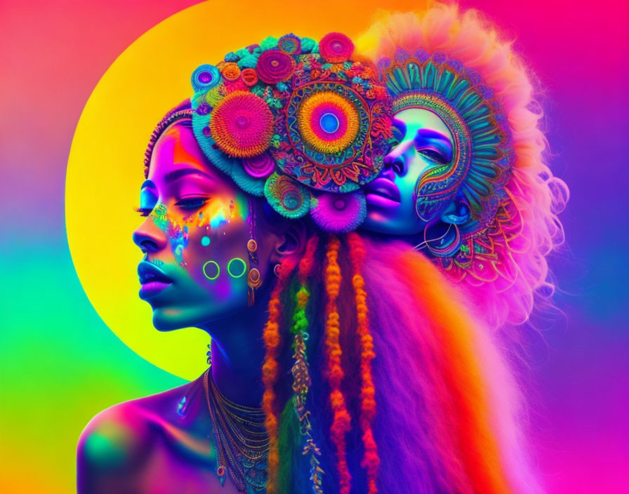 Vibrant body paint on two women with ornate headpieces in multicolored setting