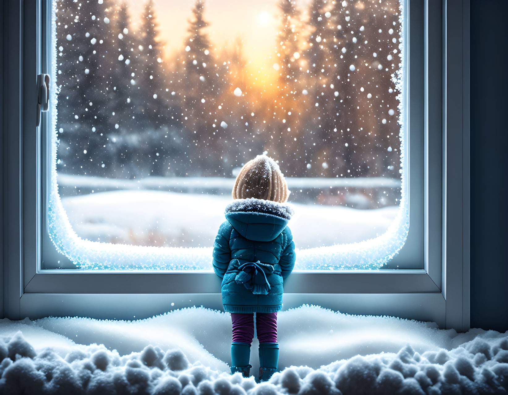 Child in winter jacket gazes at snowy landscape through frosty window