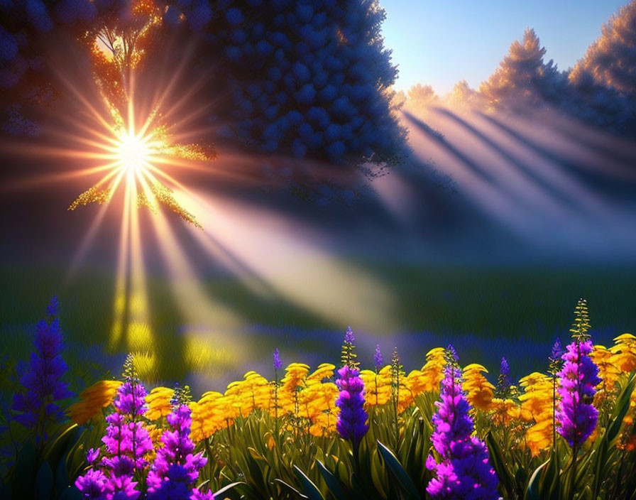 Forest with sun rays on vibrant purple and yellow flowers