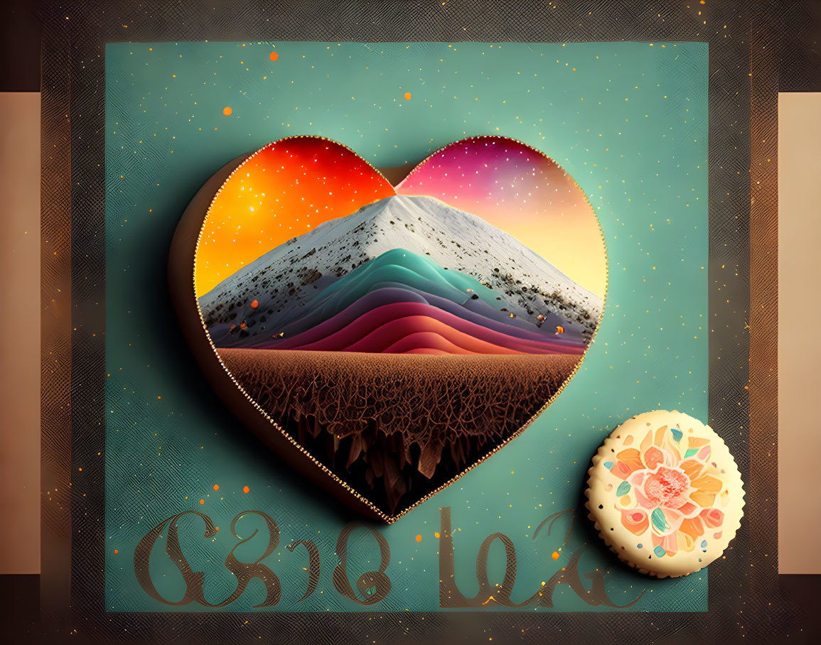 Colorful Heart-Shaped Landscape Artwork with Sunset, Cookie, and Handwritten Text