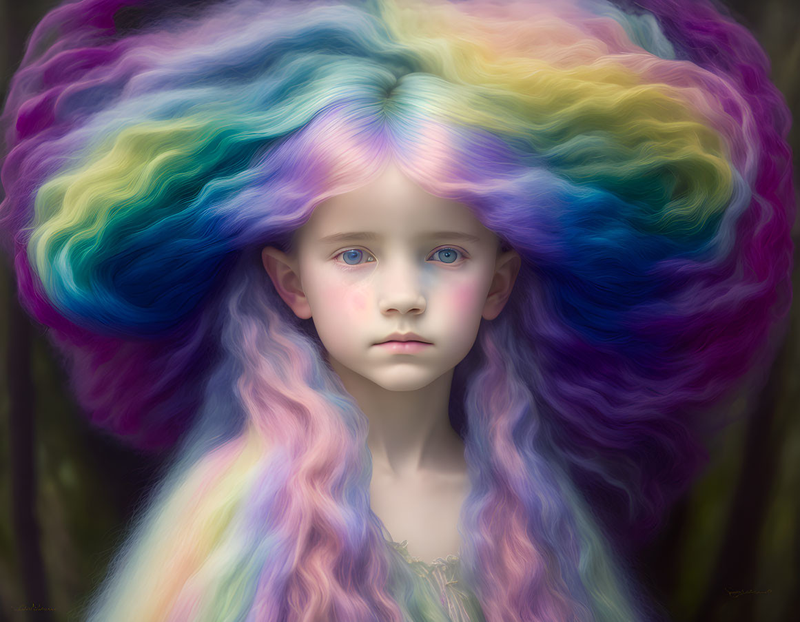 Portrait of young girl with large blue eyes and multicolored hair against blurred background