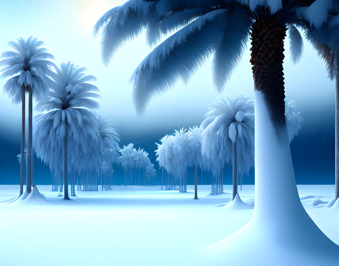 Snow-covered palm trees in surreal winter landscape under blue sky