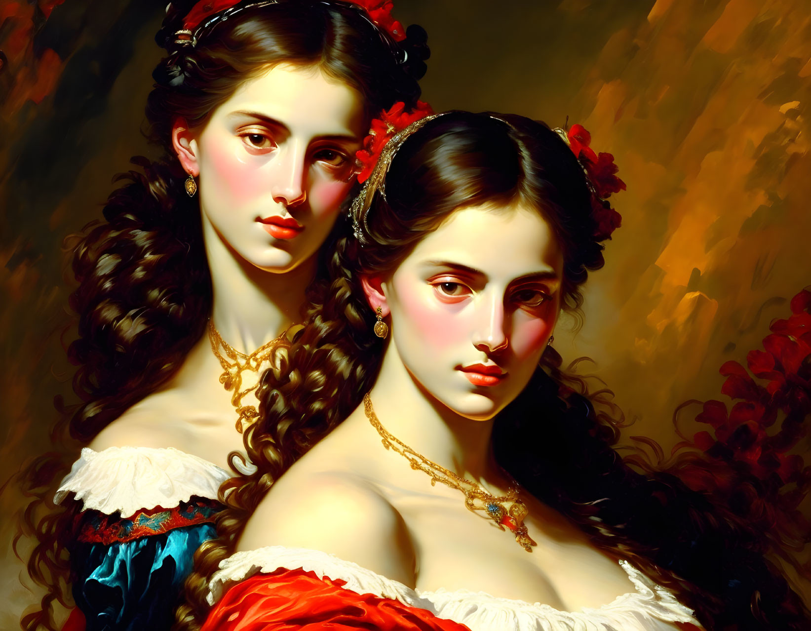 Two Women in Period Dresses with Elaborate Hairstyles and Jewelry