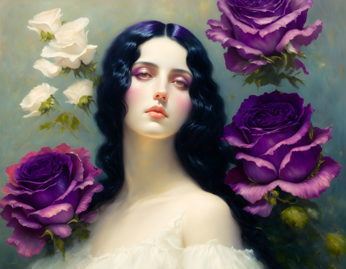 Portrait of a woman with pale skin and dark hair among white and purple roses