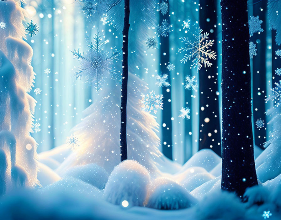 Snowy Winter Forest Scene: Falling Snowflakes & Serene Blue Light