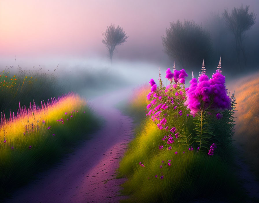 Mystical foggy landscape with winding path at sunrise