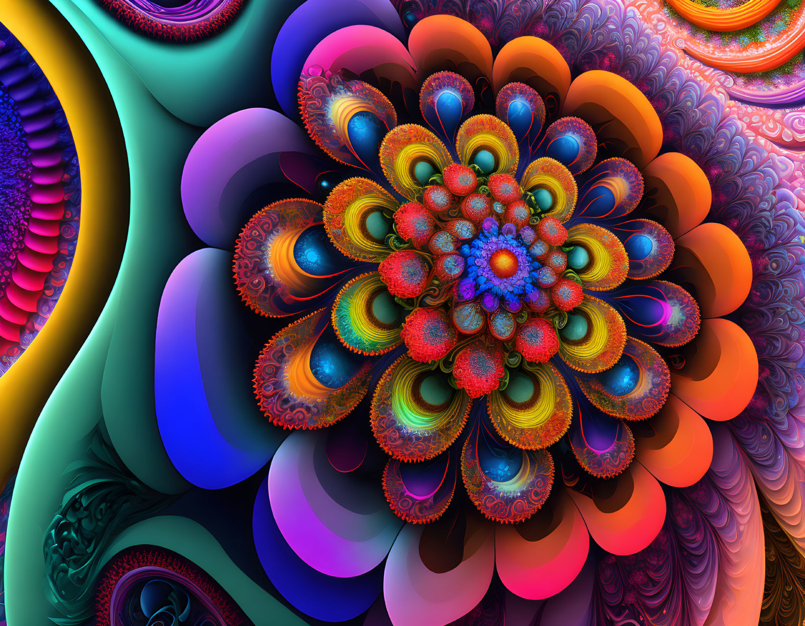 Colorful fractal image with intricate flower-like pattern in blues, purples, oranges, and