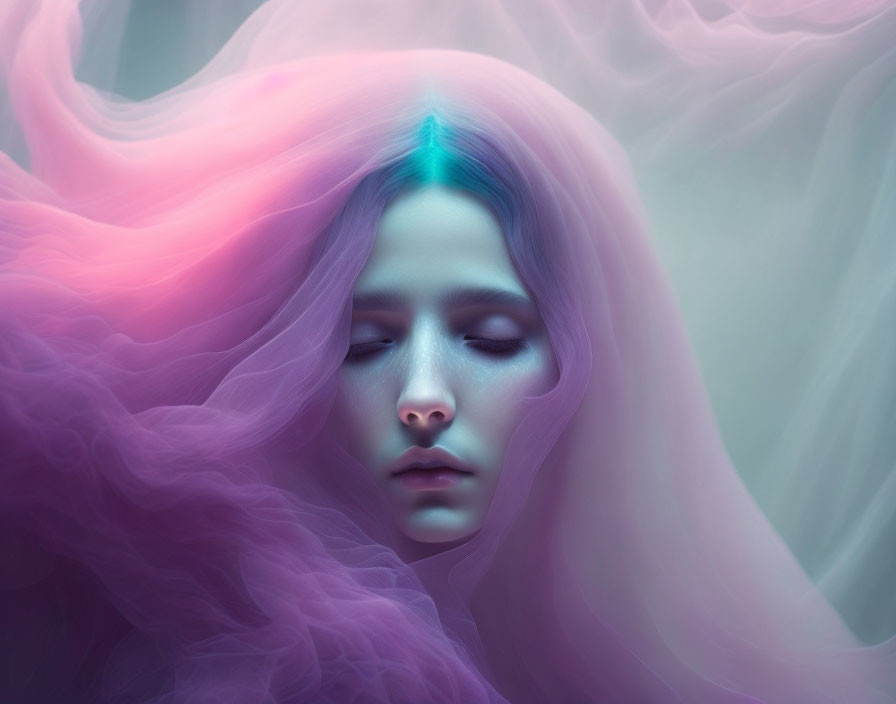 Portrait of a person with closed eyes in colorful fabric - purple, pink, teal