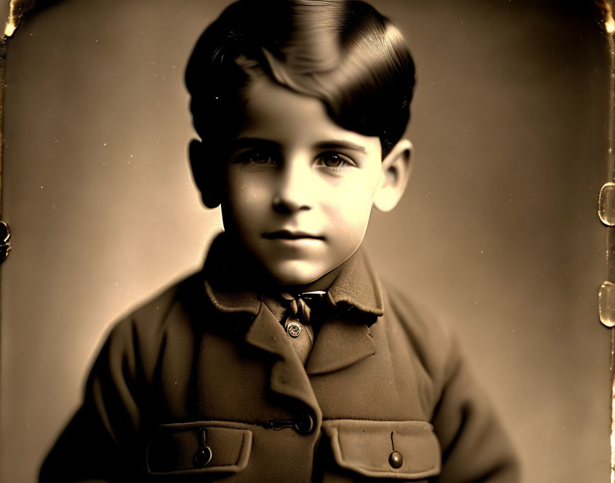 Vintage Sepia-Toned Photo of Young Boy in Collared Coat