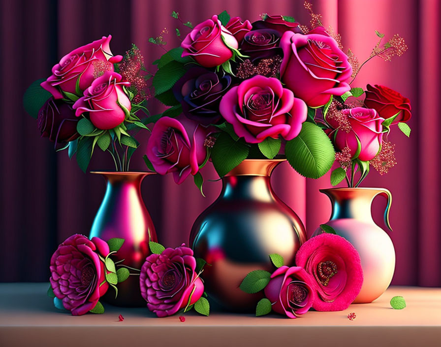 Colorful Illustration of Three Vases with Pink and Red Roses on Purple Background