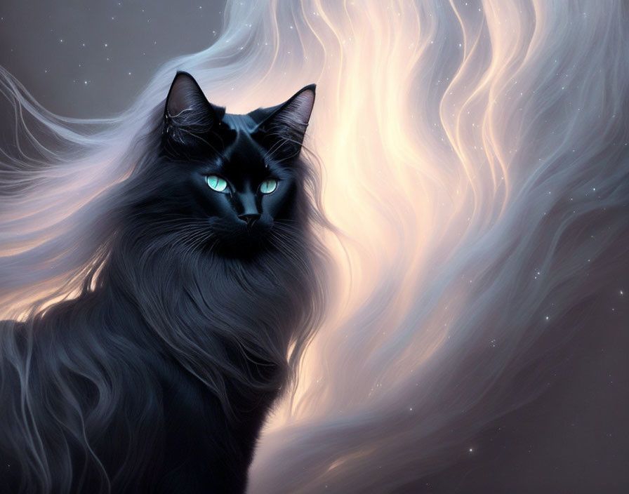 Black Cat with Blue Eyes in Starry Night Sky Scene