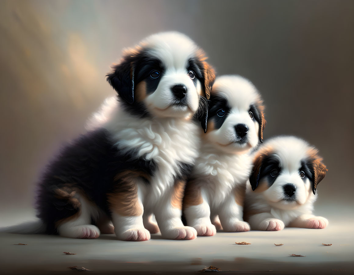 Three Fluffy Bernese Mountain Dog Puppies on Neutral Background