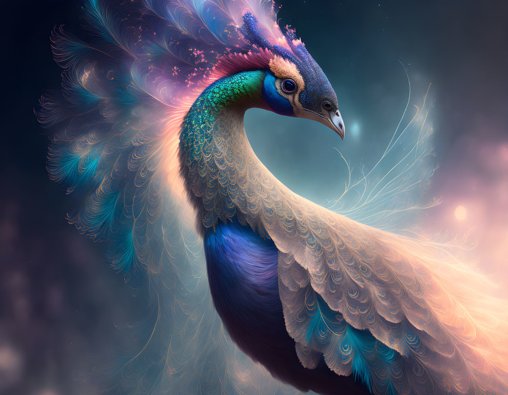 Colorful Peacock Illustration with Iridescent Feathers in Twilight Sky