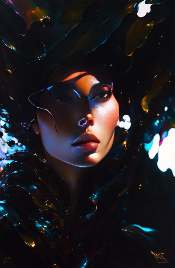 Abstract portrait of a woman with vibrant multicolored lights